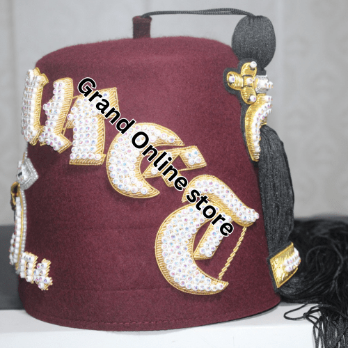 High-quality Shriner Fez adorned with symbolic emblems of the Shriner order. Classic Shriner Fez with intricate embroidery and gold accents.