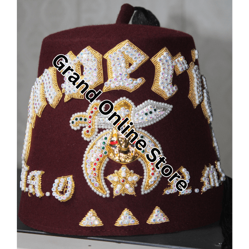 High-quality Shriner Fez adorned with symbolic emblems of the Shriner order Classic Shriner Fez with intricate embroidery and gold accents.