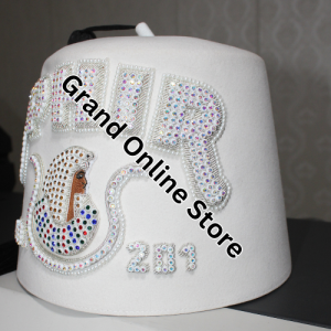 Handcrafted DOI Court Fez Hat in White with Rhinestones detailing Daughters of Isis Fez Hat 3 Premium Daughters of Isis Court Fez Hat with Tassel
