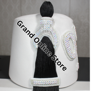 Handcrafted DOI Court Fez Hat in White with Rhinestones detailing Daughters of Isis Fez Hat 4 Premium Daughters of Isis Court Fez Hat with Tassel