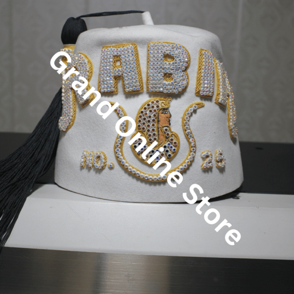 Rabia Court White Embroidered Fez Traditional DOI Rhinestones Fez for Daughters of Isis Members