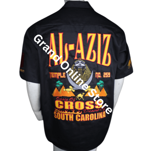 Al Aziz Temple custom embroidered Shriner walking shirt front view